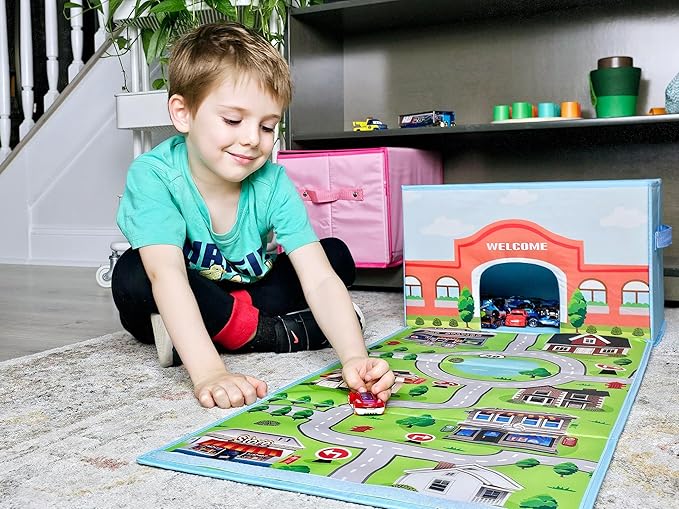 SAM AND MABEL Toy Cars Garage Box – Toy Storage Box with Car Rug Play Mat, Collapsible Storage Organizer for Boys and Girls (GoPlaces)