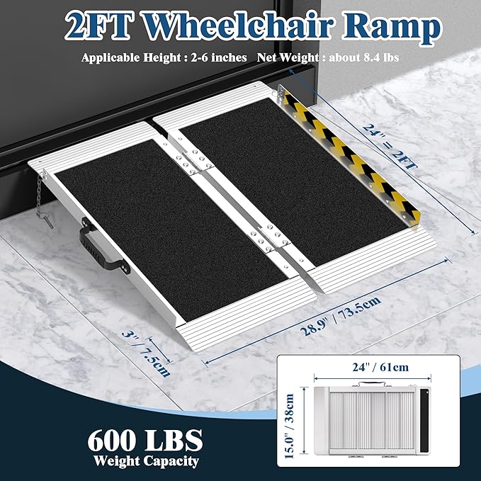 Portable Wheelchair Ramp 2FT, Non-Slip Aluminum Folding Handicap Ramp for Home Steps, 600LBS Capacity Threshold Ramp for Doorways, Stairs, Scooters