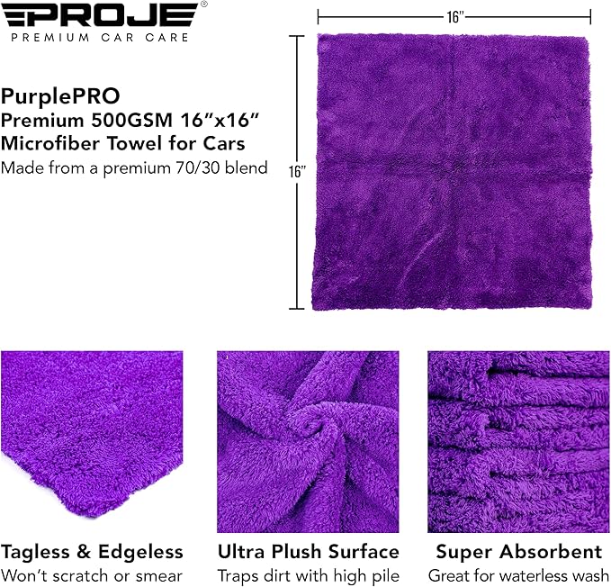 PROJE' Purple Microfiber Towel for Car - Ultra Absorbent - Car Drying, Polishing, Buffing Cloth & Interior Detailing Towel - 500 GSM 16x16in - Auto Detailing Supplies - Pack of 3 Premium Car Care