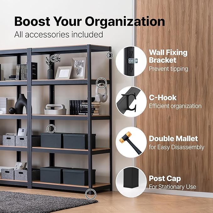 HOMEDANT House 36.2" W 5 Tier Heavy Duty Garage Shelving Adjustable Metal Rack Storage Shelves Standing Shelf Unit Organizers Pantry Closet Office Black 2Pack