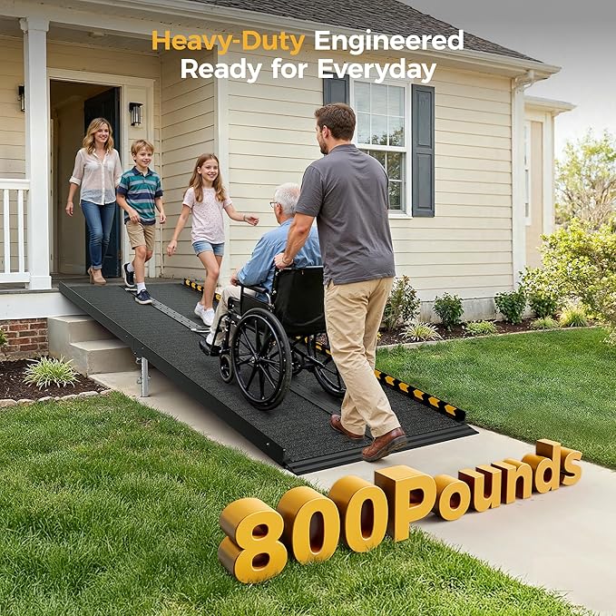 CAMMOO 7 FT Portable Wheelchair Ramp-800LBS Heavy-Duty, High-Strength Aluminum Alloy with 4 Adjustable Legs, 4 Wheels, Triple Anti-Slip and Seamless Design, Ideal for Home Steps, Threshold, Doorways