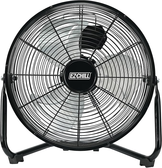 EZ-CHILL 12” Cradle Floor Fan, 3 Speed, High Velocity, 180 Degree Adjustable Tilt, All-Metal, Carry Handle, Rubber Feet, Airflow 15.42 ft/sec, Ideal for Home, Bedroom & Office, Black