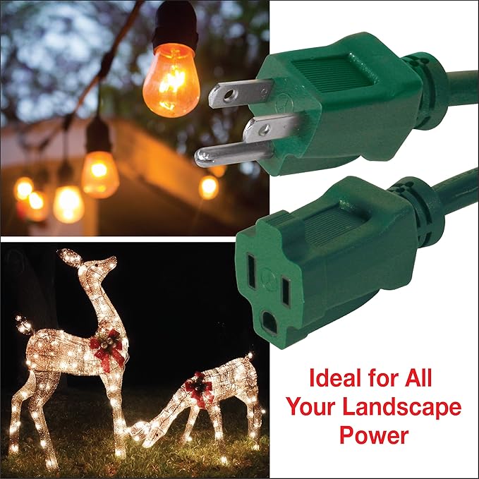 Clear Power 80 ft Lawn & Garden Outdoor Extension Cord 16/3 SJTW, Green, Water, Weather Resistant & Flame Retardant, 3 Prong Grounded Plug, for Christmas Lights and Holiday Decorations, CP10202