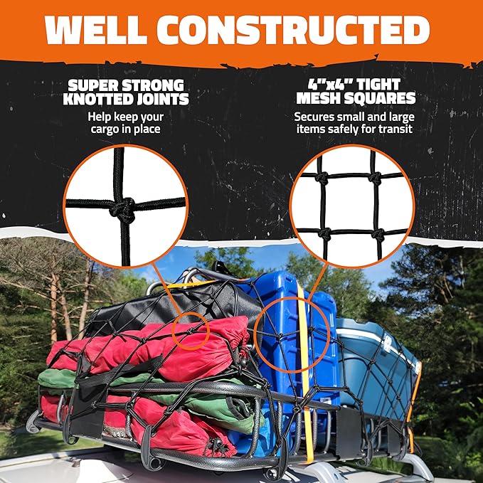 Mockins 36"x20" Heavy Duty Cargo Net for Pickup Truck Bed Expandable Up to 75"x40" | 6mm Thick Elastic Bungee Net with Hooks for Truck, SUV & Car | 4"x4" Mesh Square Cargo Netting for Any Type of Load