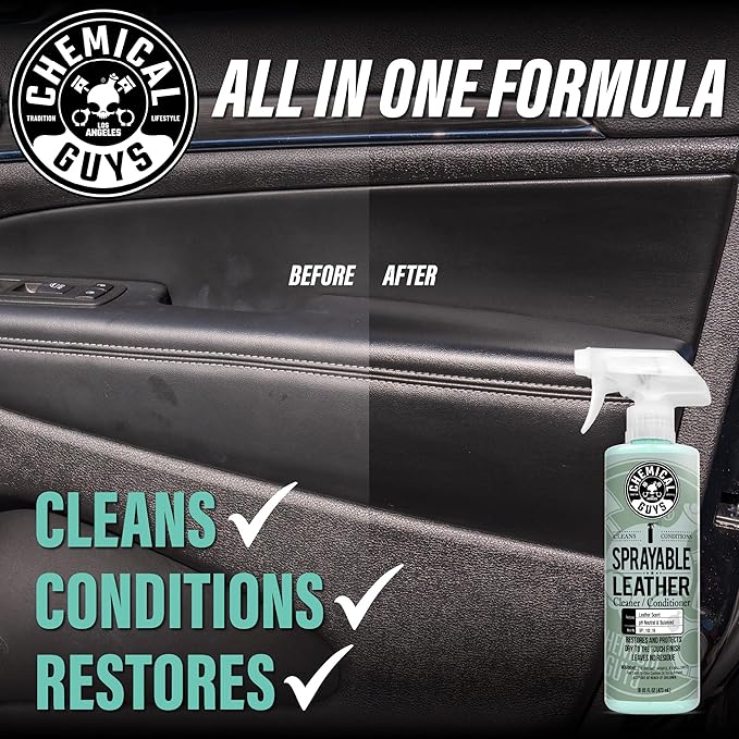 Chemical Guys SPI_103_1602 Sprayable Leather Cleaner and Conditioner in One for Car Interiors, Apparel, and More (Works on Natural, Synthetic, Pleather, and More) Leather Scent, (2 Pack) 16 fl oz