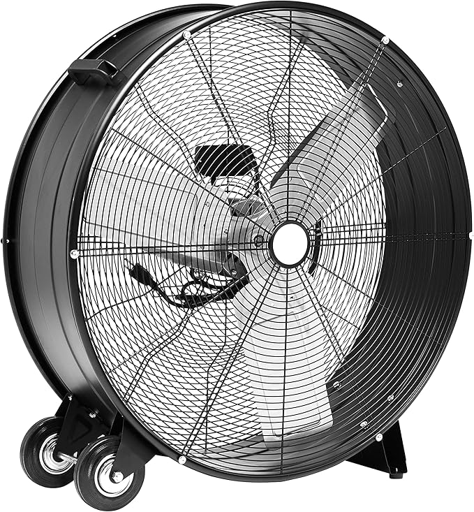 Amazon Basics 30" 300W High-Velocity Heavy-Duty Industrial Drum Fan for Cooling, Metal Housing, UL-Certified Safety Compliance, 2 Speeds, High CFM Up to 12,480, 5.9-ft Power Cord, 2 Wheels, Black