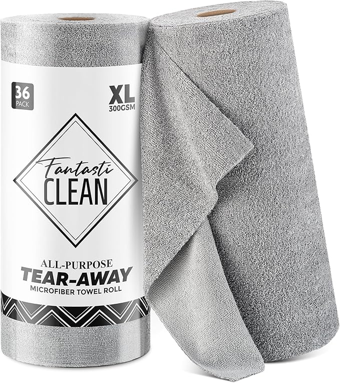 Fantasticlean Tear-Away Microfiber Cleaning Cloth Roll, 12'' by 12''- 36 Sheets, Thick & Large Detailing Towels, Ultra Absorbent, Lint-Free Reusable Wipes for Home, Car or Outdoor (Glossy Grey)