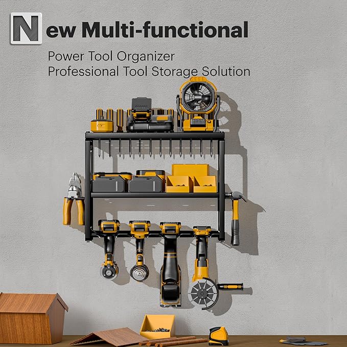 Spampur Power Tool Organizer Wall Mount, 3 Layers Storage Rack with 4 Drill Holders, Garage Storage Rack for Handheld, Metal Tool Shelf Utility Rack for Cordless Power Tools, Suitable for Giving men