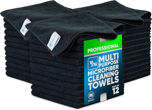 MW Pro Microfiber Cleaning Cloth | Black | 36 Pack | 16” x 16” | All Purpose Microfiber Towels - Clean, Dust, Polish, Scrub, Absorbent