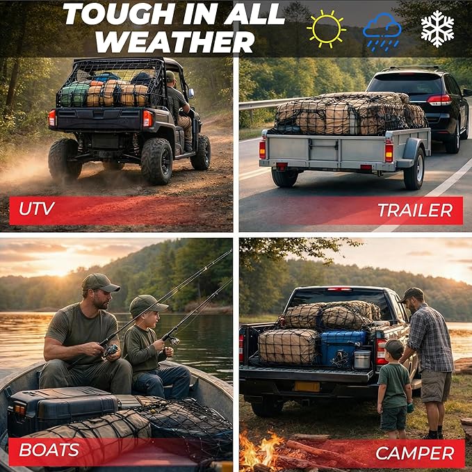 Heavy Duty Cargo Net for Pickup Truck Bed, 4'x6' Stretches to 8'x12' - 4"x4" Mesh 10mm Bungee Truck Bed Net with 12 Metal Carabiners, Anti-Slip Gloves & Guide for Trucks, SUV, Roof Rack