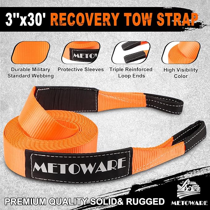METOWARE Heavy Duty Tow Strap Recovery Kit - 3" x 30ft(35,000lbs) Tree Saver Winch Strap + 3/4" D Ring Shackles(2pcs) + Storage Bag - Truck, SUV, ATV Off Road Towing Strap Kit