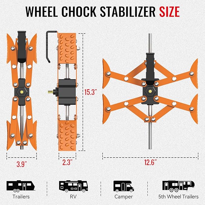 X-Shape Wheel Chocks Stabilizer for RV Travel Trailer Trucks(Allow Drill Adjust), 2 Pack Orange Dual Axel Camper Wheel Chock Stabilizer for Anti-Motion Tire with Portable Bag and Wrench