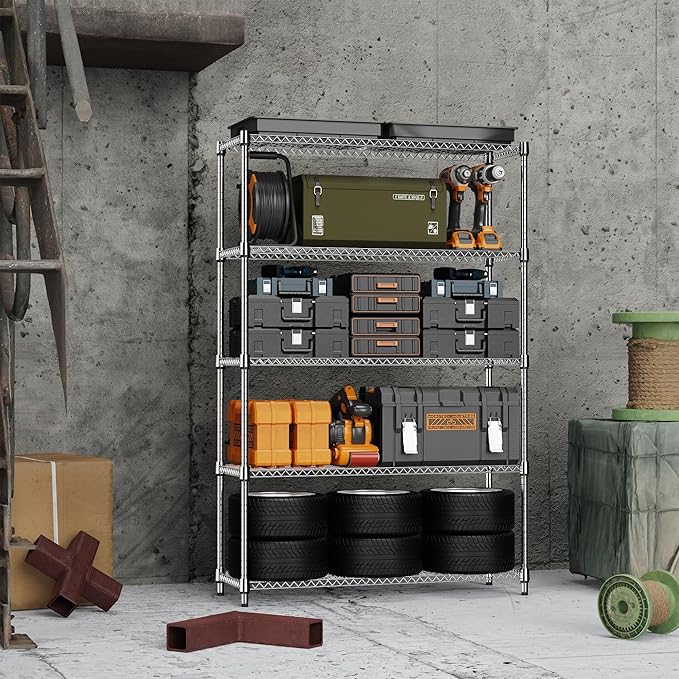MZG 1750 lbs 5 Tier Storage Rack Metal Wire Shelving Unit, Storage Standing Household Shelf Organizer for Kitchen Pantry Closet Garage Basement Utility Room, Chrome 15.7" D x 45.3" W x 70.4" H