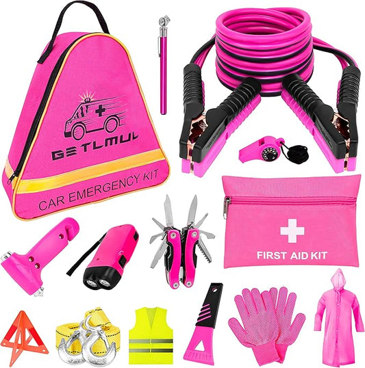 Pink Car Emergency Kit, Premium Roadside Emergency Car Accessories Kit with Jumper Cables, Flashlight, Shovel, Screwdriver Set, etc Car Accessories for Women