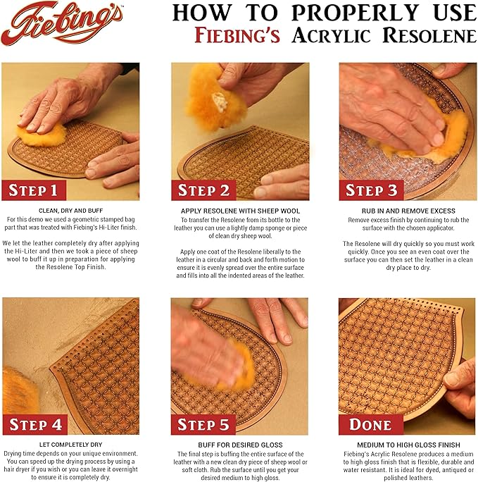 Fiebing's Acrylic Resolene (4 oz) - Protective Acrylic Leather Finisher - Glossy Finish Top Coat for Dyed & Polished Leathercraft - Flexible, Durable, Water Resistant for Boots, Couch, Purse (Brown)