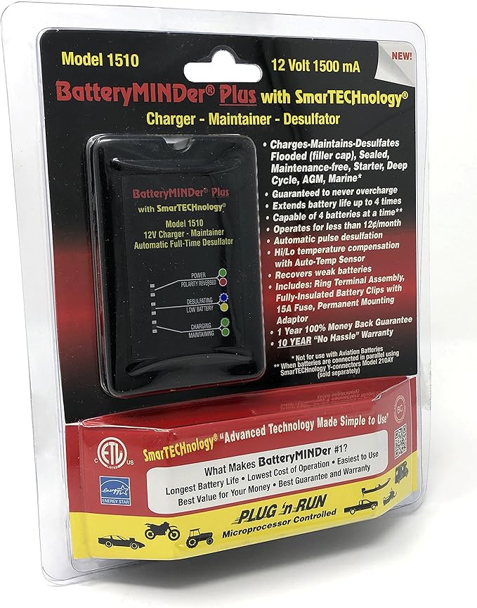 BatteryMINDer 1510: 12 Volt-1.5 Amp Battery Charger, Battery Maintainer, and Battery Desulfator – Designed for Cars, Trucks, Motorcycles, ATV, Boats, RV