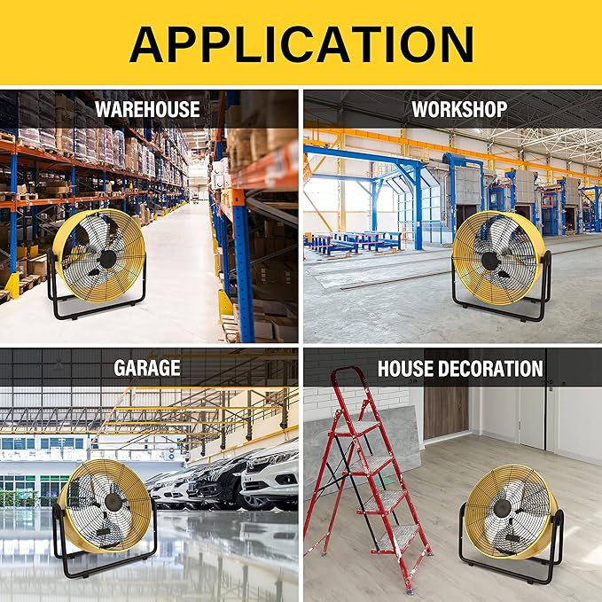 Simple Deluxe 20 Inch Heavy Duty Metal Industrial Drum Fan, 3 Speed Floor Fan for Factory and Basement, Warehouse and Workshop, High Velocity, Yellow