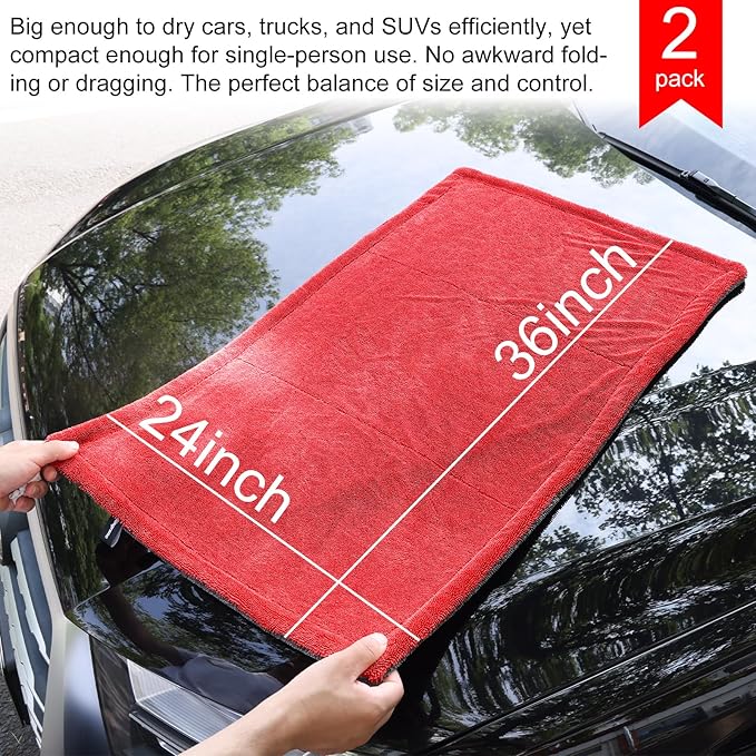 2 Pack XL Car Drying Towel – 1300GSM Ultra Absorbent Microfiber, 24"x36" Large Size, Twisted Loop, Lint-Free & Streak-Free for Auto Detailing, Car, SUV, Truck(Gray-RED)