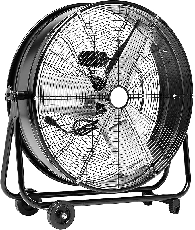 Amazon Basics 24" 215W High-Velocity, Heavy-Duty Industrial Fan, Drum Fan, with UL-Certified Safety Compliance, 2 Speeds, Up to 8820 CFM, 5.9-ft Power Cord, 2 Wheels, Metal Housing/Blades, Black
