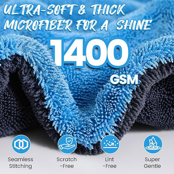 PUGPIU Car Drying Towel - 1400GSM Extra Large Super Absorbent Microfiber Towels for Cars 24"x36" - Large Edgeless with Twisted Loop, Lint-Free & Streak-Free for Auto Detailing, SUV, Truck (Blue)