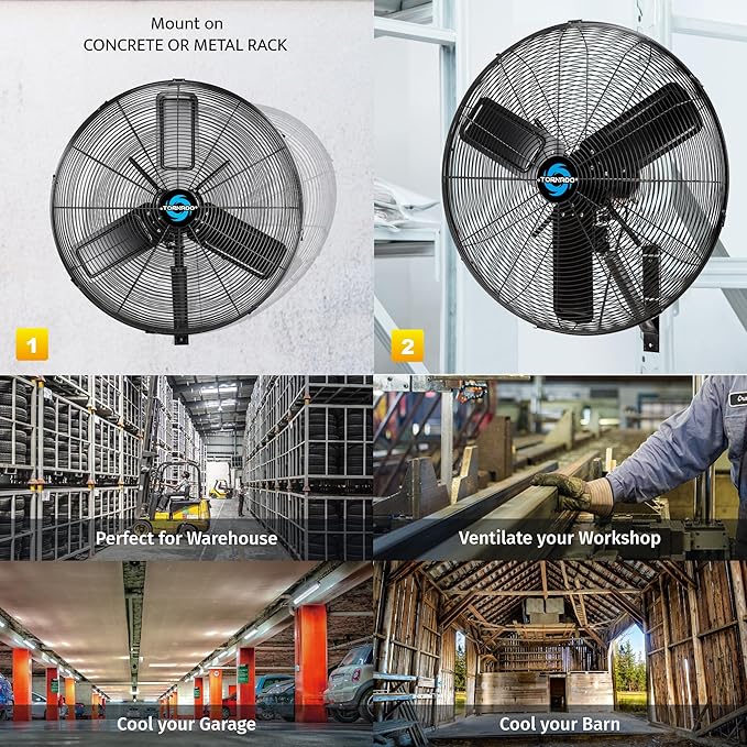 Tornado 24 Inch Outdoor Wall Mount Fan, IPX4 Water-Resistant, High Velocity, Oscillating, 2-Speed, 7350 CFM, TEAO Motor, cETL Listed– For Industrial Use