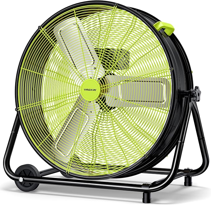 VAGKRI 24 Inch Industrial Drum Fan, 320W High Velocity Floor Fan, 3 Speed Heavy Duty Metal Air Circulator, 360° Tilt with Casters Handle ETL Standard for Patios, Warehouse, Commercial,Basement (Green)