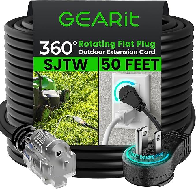 GEARit 50 Ft Extension Cords 16/3 Gauge 360° Rotating Plug Outdoor/Indoor SJTW 16 AWG 3 Prong Heavy Duty Power Cable 13A 125V 1625W for Lawn, Garden, Appliances Black
