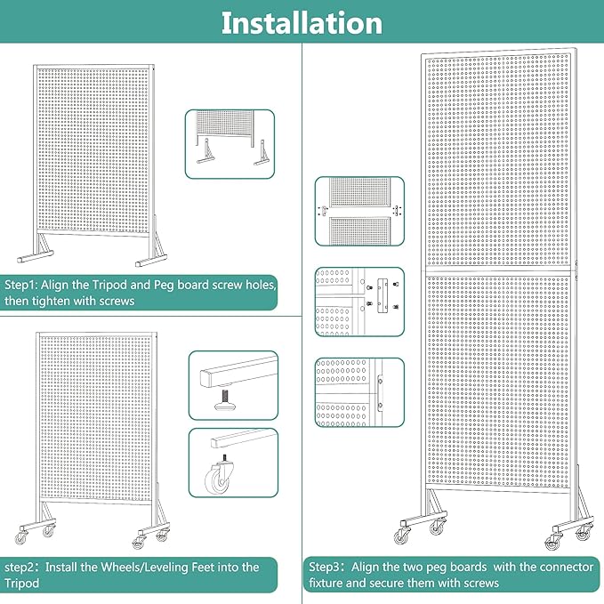 Peg Board Display Stand 24" X70” Metal Pegboard on Wheels Heavy Duty Standing Rack Organizer Panels Units with 30 Hooks and T-Base for Ornament Retail & Vendors Craft Show Store Display