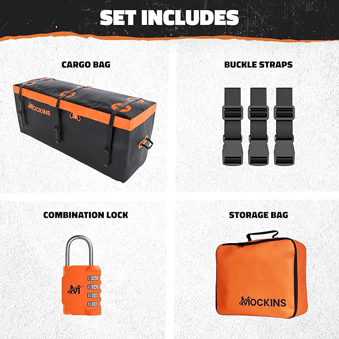 Mockins 16 Cu.Ft. Trailer Hitch Cargo Carrier Bag | 58"x20"x24" Abrasion-Resistant Vinyl Cargo Bag for Hitch Carrier | Waterproof Truck Bed Storage Set w/Buckle Straps, Combination Lock & Carry Case