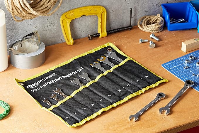 Amazon Basics High Torque Ratcheting Wrench Set, 10-Piece