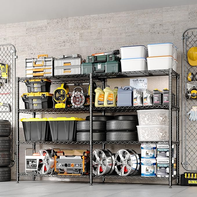 4-Tier Metal Storage Shelves, 60"W Heavy Duty Garage Shelving Unit 1060LBS Capacity, Adjustable Wire Standing Storage Shelf Organizer for Kitchen Pantry Home&Commercial, Convertible L-shaped Shelves