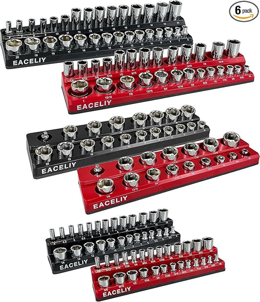 6-Piece Magnetic Socket Organizer Set, 1/2", 1/4" and 3/8" SAE & Metric Deep & Shallow Socket Holder Kit, holds 141 stanard Sockets, attaches to steel box/tool cart (sockets not included)