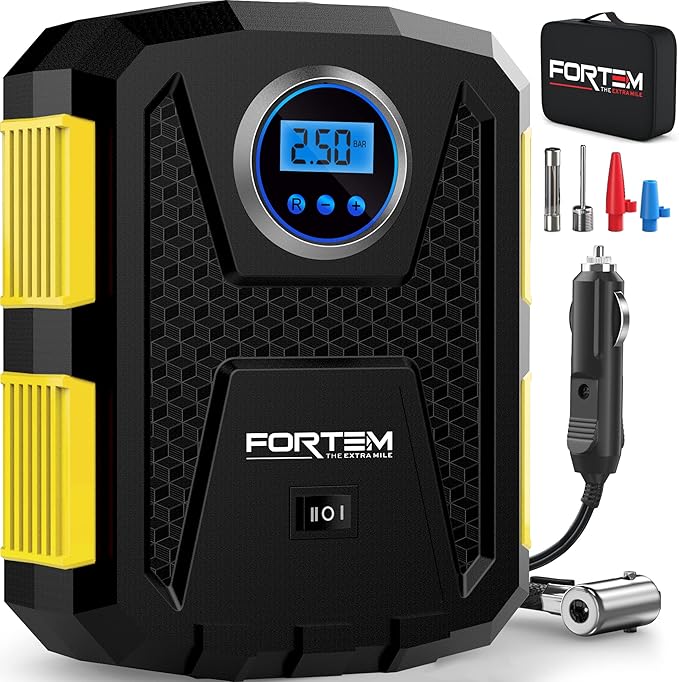 FORTEM Tire Inflator Portable Air Compressor, Air Pump for Car Tires and Bikes, Car Tire Pump w/Auto Shut Off, 150 PSI, 12V DC, LED Light, Carrying Case, for Men, Women