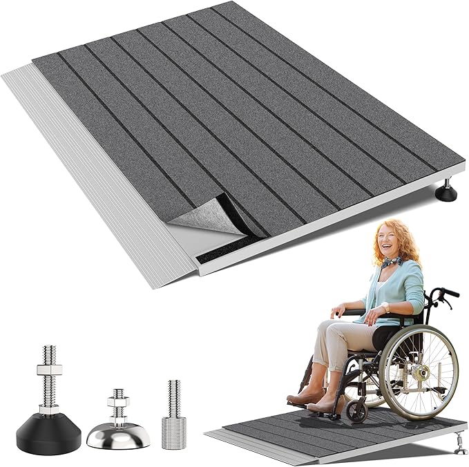 Threshold Ramps for Wheelchairs, Adjustable Height 1.8"–5.3" and 24"×36" Platform Aluminum Wheelchair Ramp, Door Threshold Ramps with a Non-Slip Thick Door Mat for Scooters, Power Chairs, Cart
