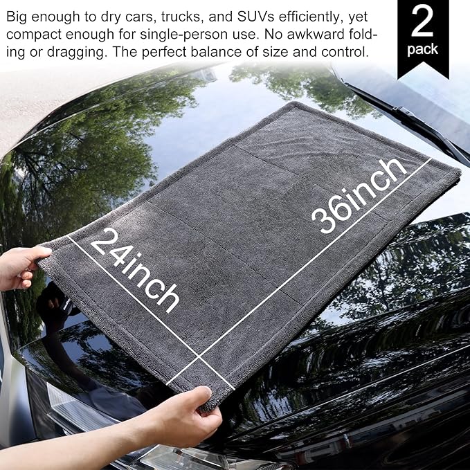 2 Pack XL Car Drying Towel – 1300GSM Ultra Absorbent Microfiber, 24"x36" Large Size, Twisted Loop, Lint-Free & Streak-Free for Auto Detailing, Car, SUV, Truck (Gray-Gray)
