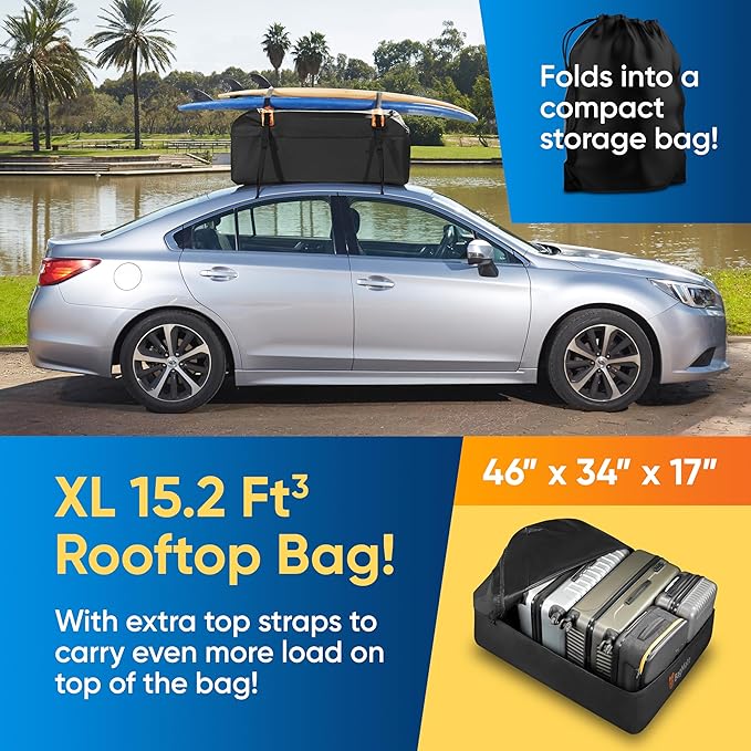 Waterproof Car Roof Bag - Car Rooftop Cargo Carrier Bag – 15 Cubic Ft Roof Rack Cargo Carrier, Includes Anti-Slip Mat, 4 Door Hooks, Reinforced Zipper/Buckle, with or Without Rack