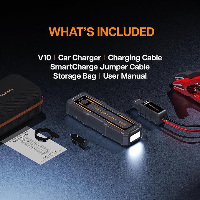 ReelCharge - Veratek V10 Pro 4000A Car Battery Jump Starter Portable (10.0L Gas & 8.0L Diesel) – 12V Lithium Battery Booster Pack with SmartCharge Safety, Jumper Cables, 24000mAh Power Bank, Jump Box