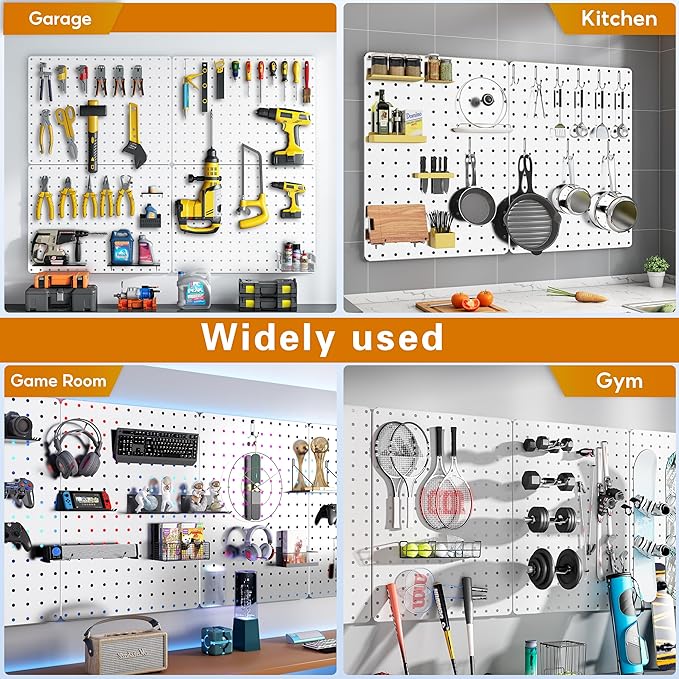 Peg Board, 110pcs Metal Pegboard Kit, Includes 4 Pack White Peg Board Panels with Accessories and Hook Locks, Large Heavy Duty Peg Boards for Walls Home, Garage Tool Storage, Workbench