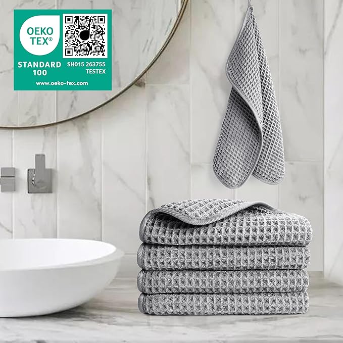 POLYTE 430 GSM Microfiber Lint Free Washcloth Face Towel, 13 x 13 in, 4 Pack (Waffle Weave)