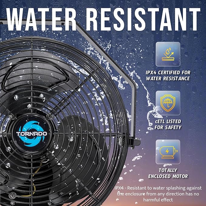 Tornado 2 Pack 12 Inch Outdoor Rated IPX4 Water-Resistant High Velocity Metal Industrial Wall Mount Fan For Commercial, Industrial, Residential, TEAO Motor 3 Speed 1650 CFM, cETL Safety Listed