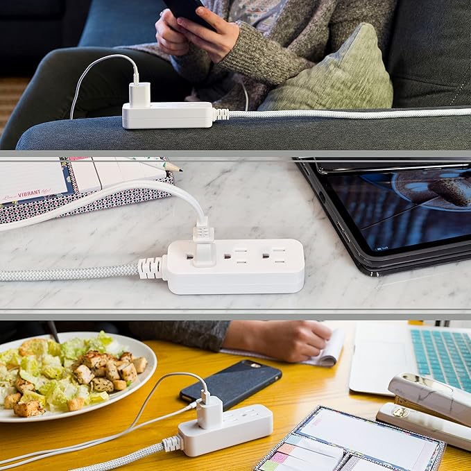 Cordinate 3 Outlet Power Strip Surge Protector Indoor Extension Cord 16 Gauge 10 Ft 3 Prong Braided Extension Cords Flat Extension Cord ETL Listed White 37914