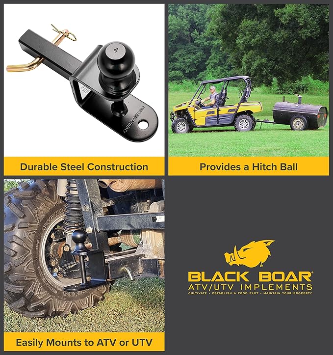 Black Boar UTV ATV Multi-Hitch - Features 2” Hitch Ball, 1-1/4” Shank - 6” (L) Shank - Hitch Ball has 2” Rise & Rated for 2,000lbs - Use w/Utility Trailers, Tow Straps & Other ATV Accessories (66024)