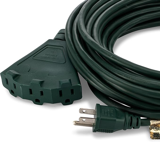 Holiday Lighting Outlet 50-Foot Green Extension Cord, 3-Prong Indoor & Outdoor Splitter, Perfect for Landscape Lighting