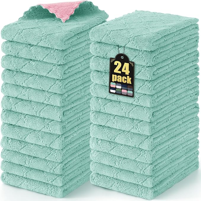 Mordimy 24 Pack Kitchen Towels (20" x 10", Green & Pink), Super Soft and Absorbent Dish Towels, Coral Velvet Microfiber Cleaning Cloth, Nonstick Oil Fast Dry Dish Cloths