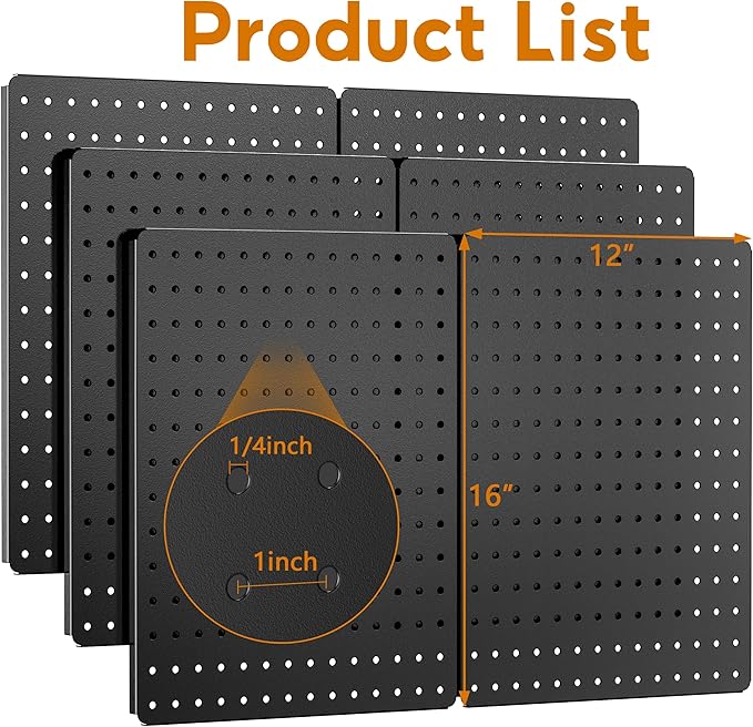 Peg Board, Heavy Duty Metal Pegboard, 6 Pack Black Peg Board Panels, 60lbs Load Capacity Each, Pegboard Wall Organizer for Garage, Workshop, Kitchen, Craft Rooms