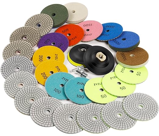 Diamond Polishing/Sanding Pads Wet/Dry 50-10000 Grit for Marble, Countertop, Quartz, Tile, Granite, Concrete, Stone - for Drill Grinder Polishers (5 INCH)
