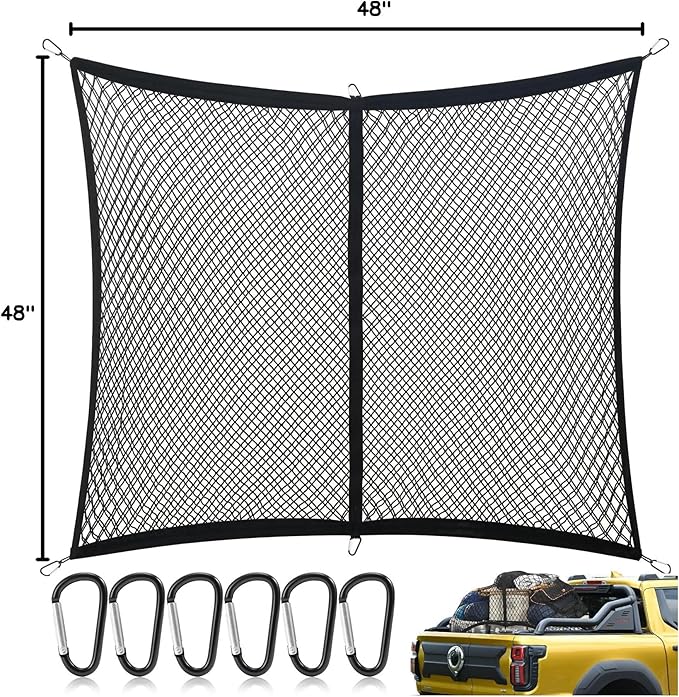 Highly Elastic Cargo Net - Double Layer Truck Bed Cargo Net for Pickup Trucks, Vans, and SUVs | 4x4 FT Stretches to 7x7 FT, Perfect for Daily Light Loads