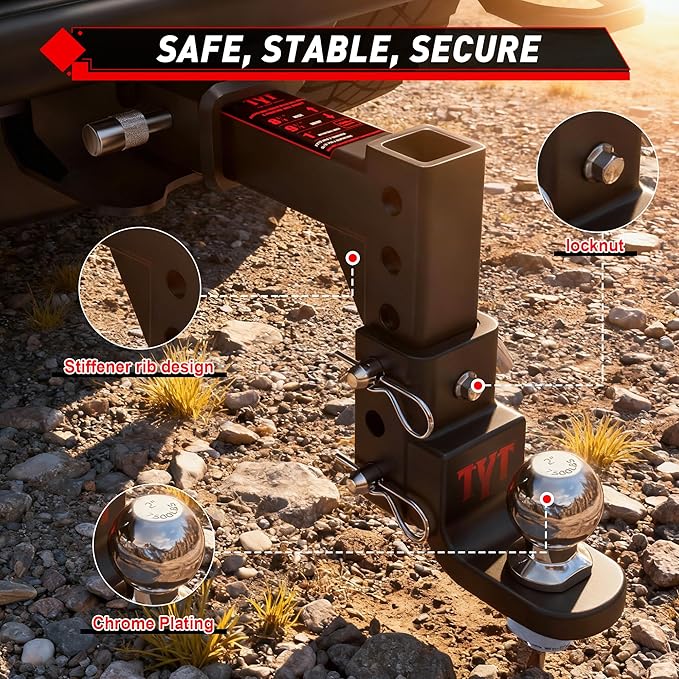 TYT Adjustable Trailer Hitch Ball Mount, 2" Towing Ball 7500 LBS, 9-1/2" Drop and 8-1/4" Rise, Fits 2-in Receiver with 2 Pin&Clips and 5/8" Premium Pin Lock for Heavy Duty Truck