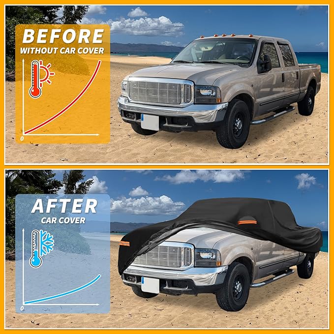 Universal Car Cover Waterproof All Weather 210D-PU, UV Sun Rain Protection, Fits for Truck Length 251"-266", with Left Side Zipper, Black