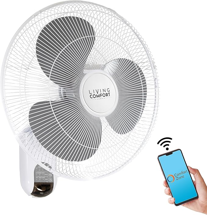 Comfort Zone 16-Inch Smart WiFi Wall Mount Fan, Oscillating 3-Speed Indoor Fan with App Control, Timer & Sleep Mode – Quiet Adjustable Tilt, All-Metal Grille – Space-Saving Cooling for Home or Office